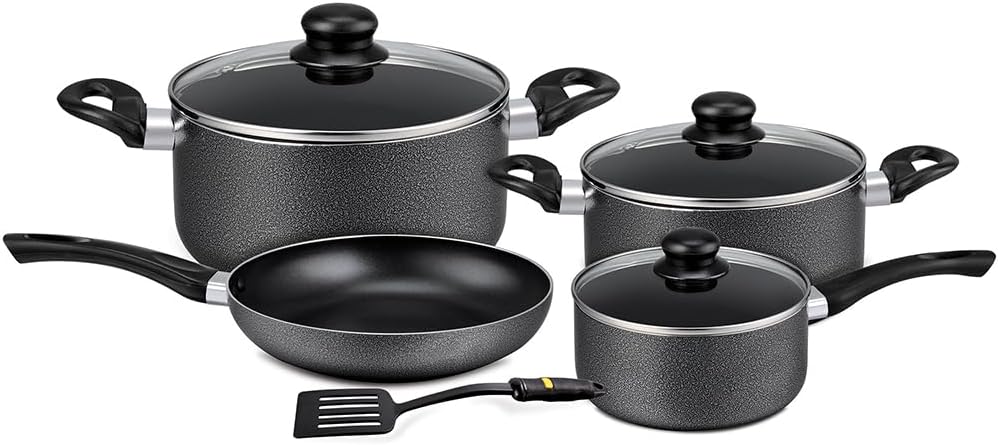 Royalford 8-Piece Non-Stick Cookware Set, 2.5mm Aluminium Pots & Pans with Glass Lids, Black