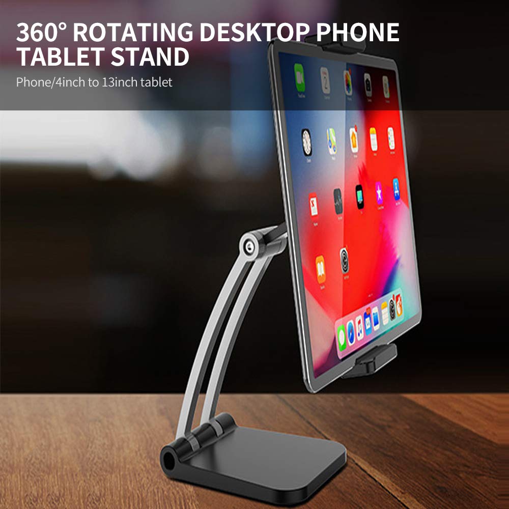 360 Degree Rotating Tablet Stand for Desk, Adjustable Black Holder for Home and Office