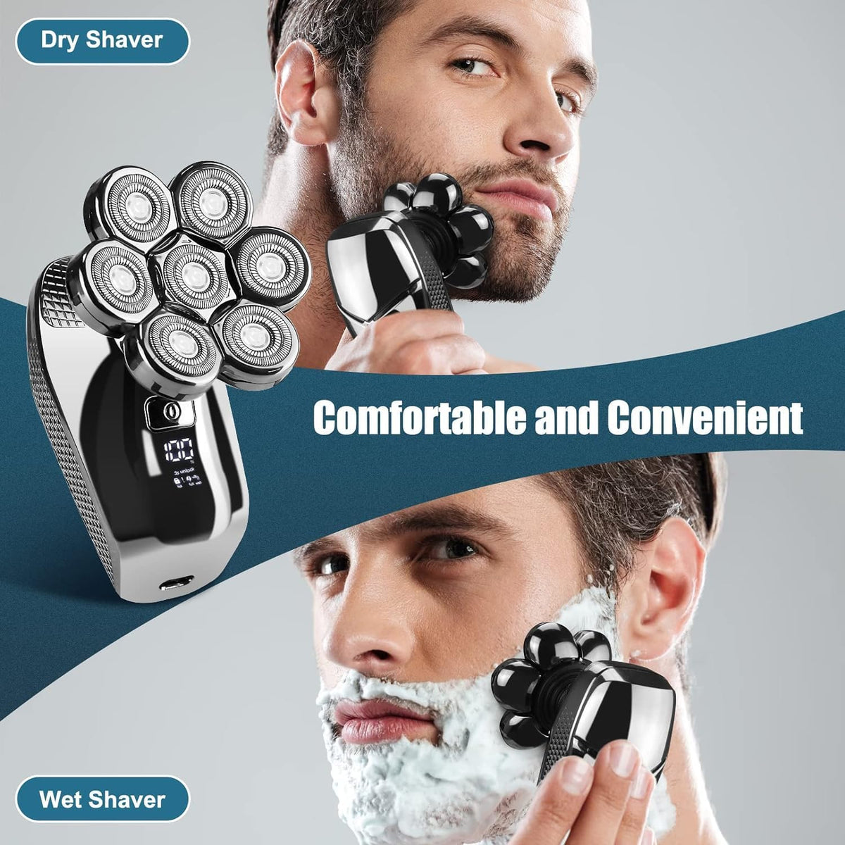 7D Electric Head Shaver for Men, Waterproof Wet & Dry Razor with LED Display