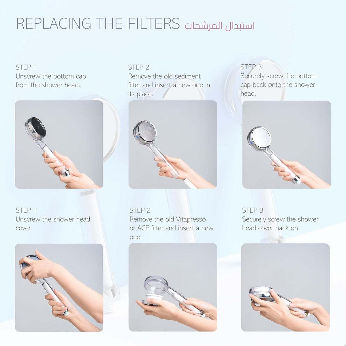 Korean Filtered Shower Head with Twin Water Filters, High Pressure Chlorine Removal System UAE