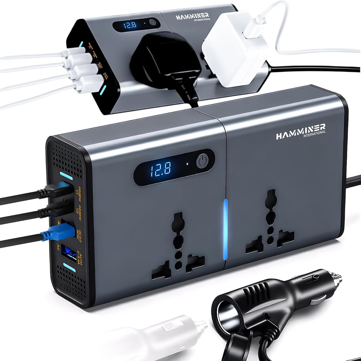 200W Car Power Inverter 12V to 220V with 2 AC Outlets, USB & Type-C Fast Charging