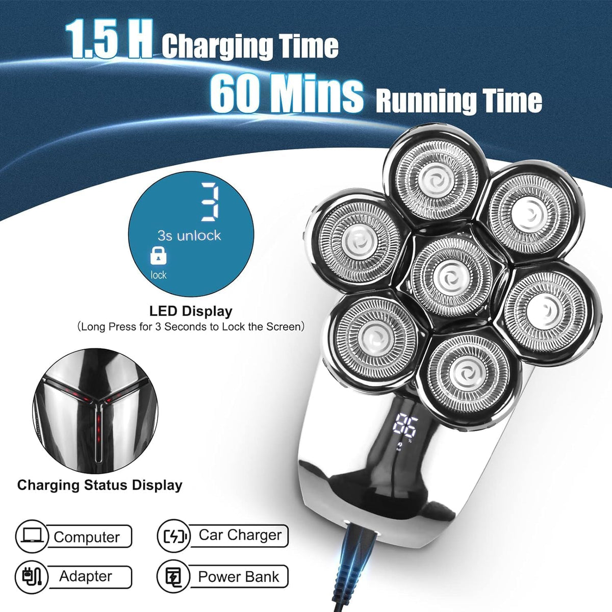 7D Electric Head Shaver for Men, Waterproof Wet & Dry Razor with LED Display