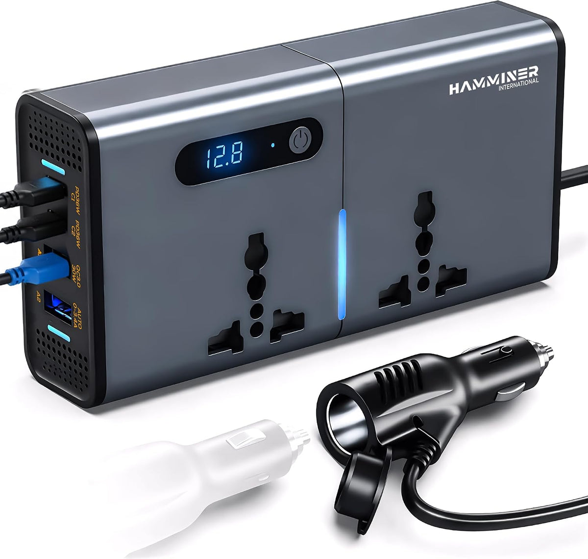 200W Car Power Inverter 12V to 220V with 2 AC Outlets, USB & Type-C Fast Charging