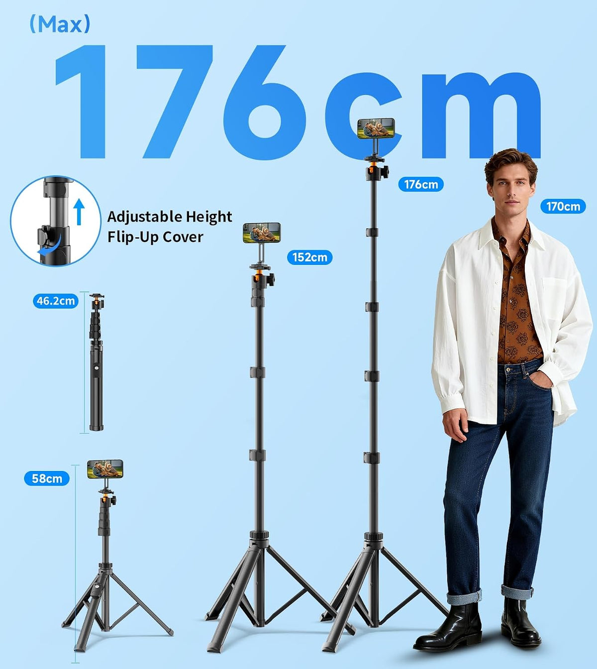 173cm Magnetic Phone Tripod Stand with Remote for Travel, Vlogging and Video Recording UAE