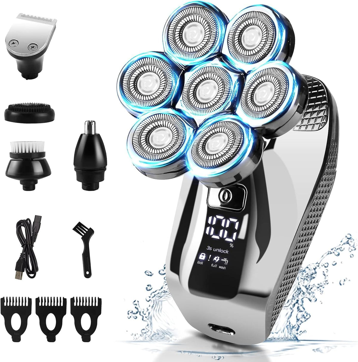 7D Electric Head Shaver for Men, Waterproof Wet & Dry Razor with LED Display