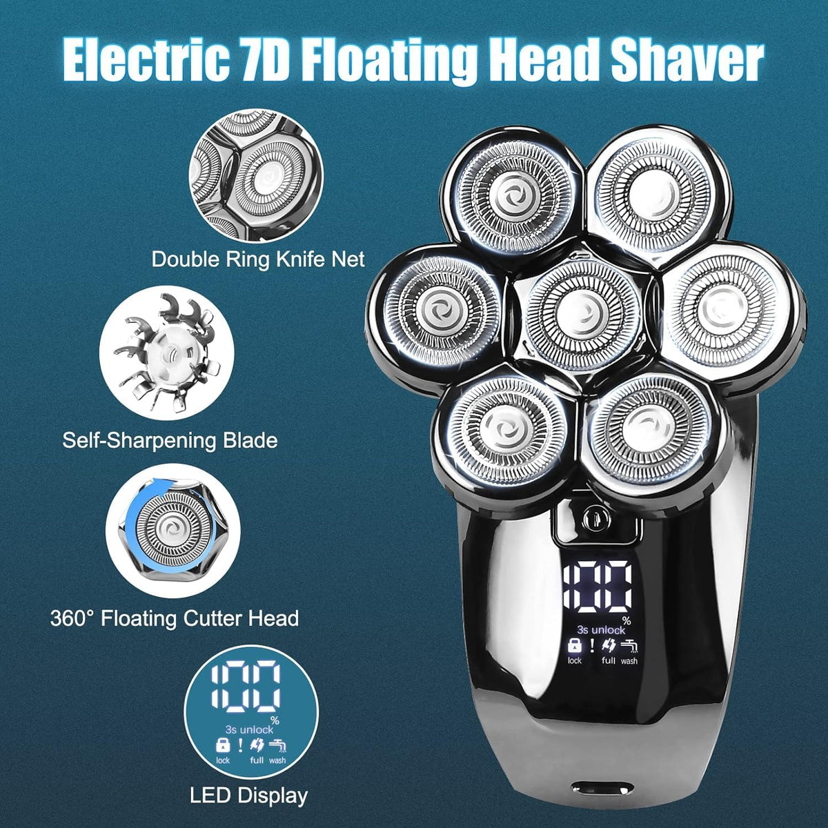 7D Electric Head Shaver for Men, Waterproof Wet & Dry Razor with LED Display