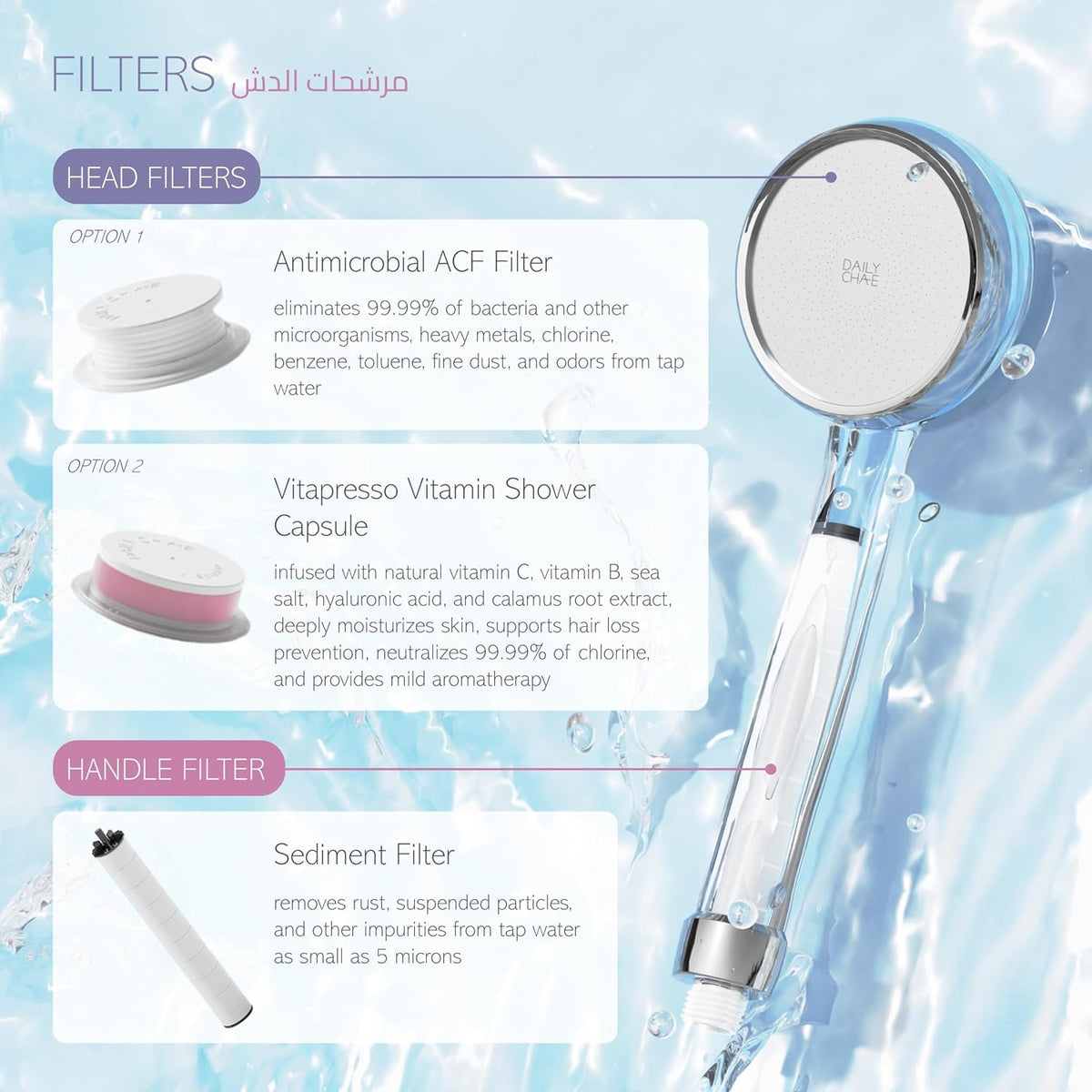 Korean Filtered Shower Head with Twin Water Filters, High Pressure Chlorine Removal System UAE