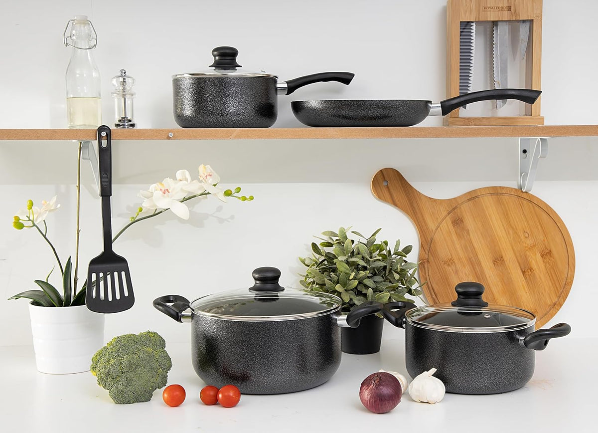 Royalford 8-Piece Non-Stick Cookware Set, 2.5mm Aluminium Pots & Pans with Glass Lids, Black