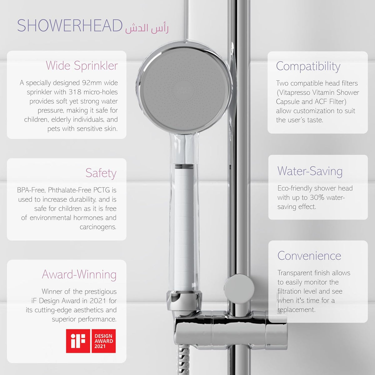Korean Filtered Shower Head with Twin Water Filters, High Pressure Chlorine Removal System UAE