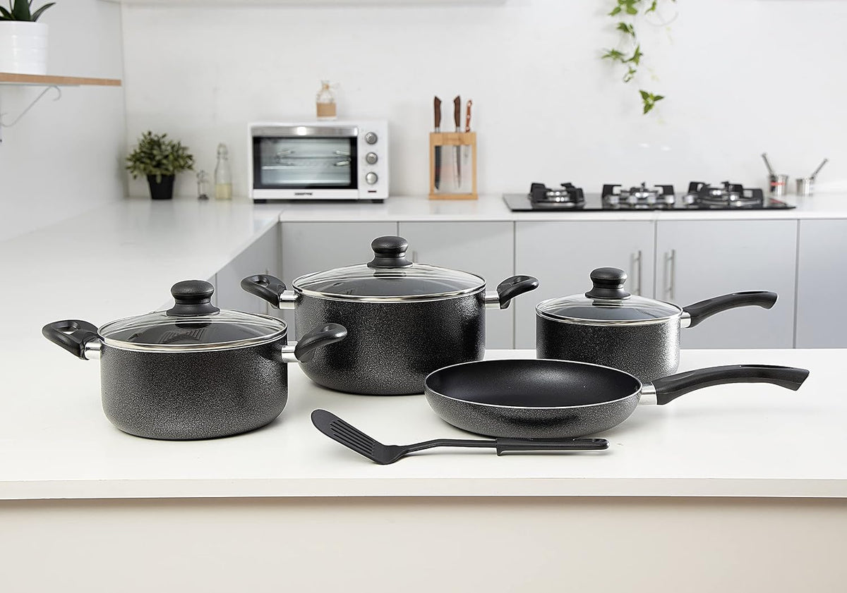 Royalford 8-Piece Non-Stick Cookware Set, 2.5mm Aluminium Pots & Pans with Glass Lids, Black