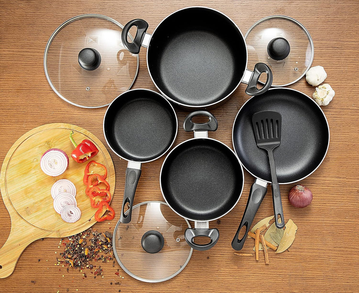 Royalford 8-Piece Non-Stick Cookware Set, 2.5mm Aluminium Pots & Pans with Glass Lids, Black