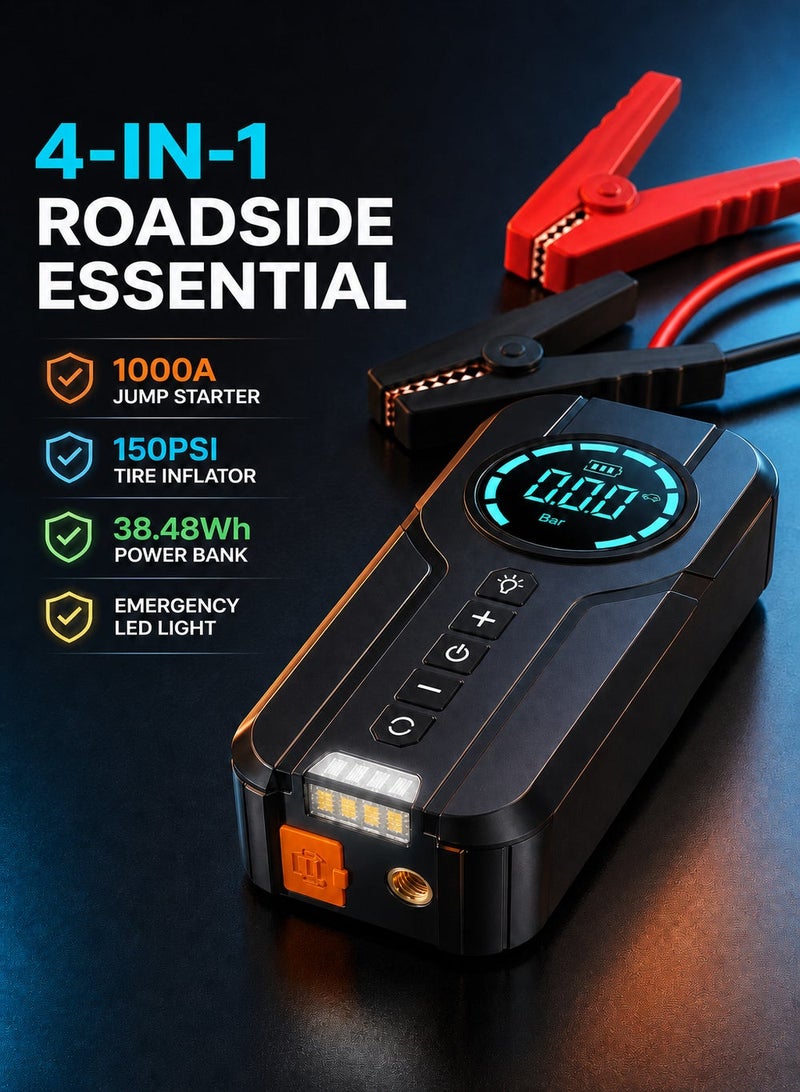 1000A Car Jump Starter with Air Compressor, 150PSI Tyre Inflator for UAE Drivers
