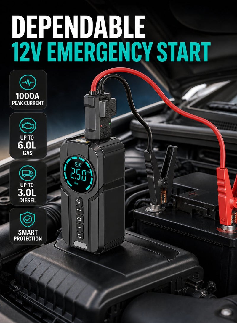 1000A Car Jump Starter with Air Compressor, 150PSI Tyre Inflator for UAE Drivers