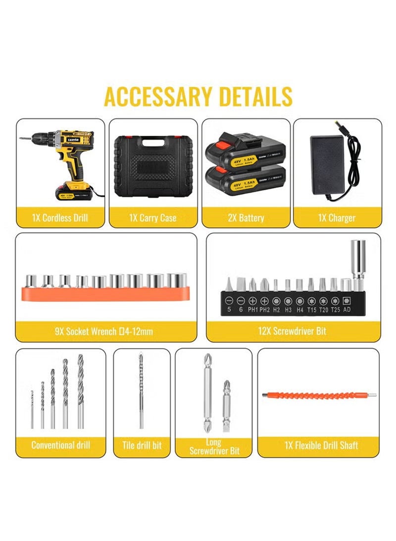 48V Cordless Drill Kit with 2 Batteries, Fast Charger & 56 Accessories UAE